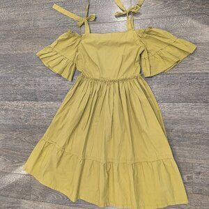INA (i:na) Green Dress 100% Cotton Midi Size Large, Off the shoulder, tie sleeve